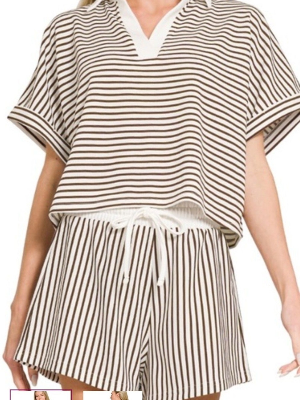 Striped Short Sleeve Lounge Set in White and Brown zenana medium - Picture 2 of 2